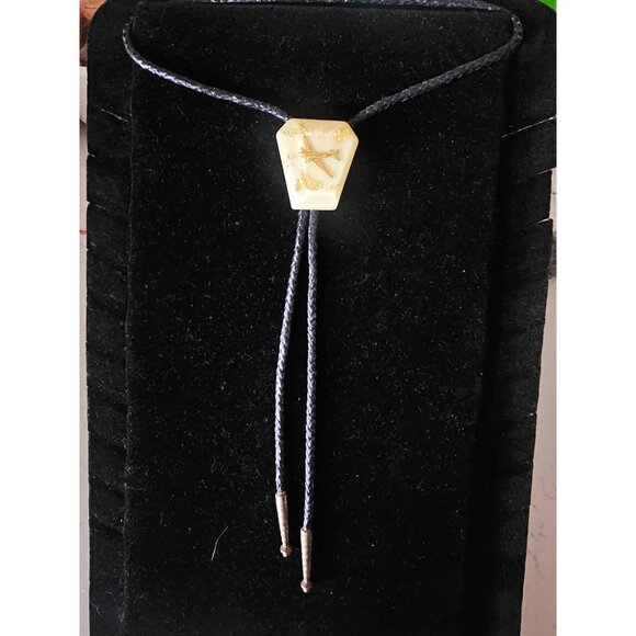 Vintage Bolo tie gold Jet flakes silver ends black leather braid - Picture 1 of 6